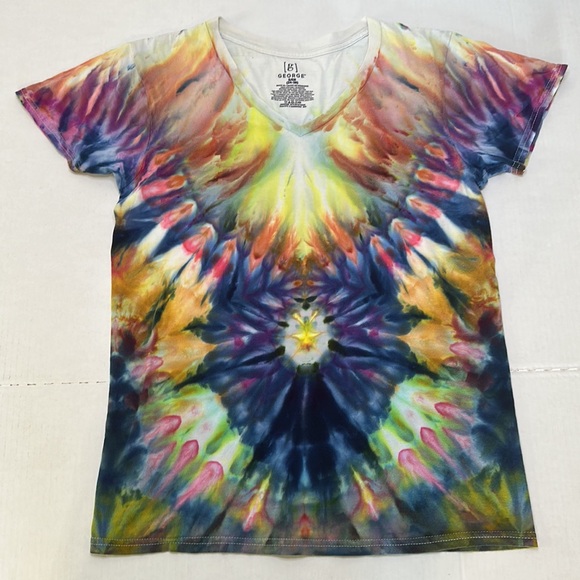 George | Multi Colored Tie-Died short Sleeve V-Neck T-Shirt | Size Small - Picture 7 of 9